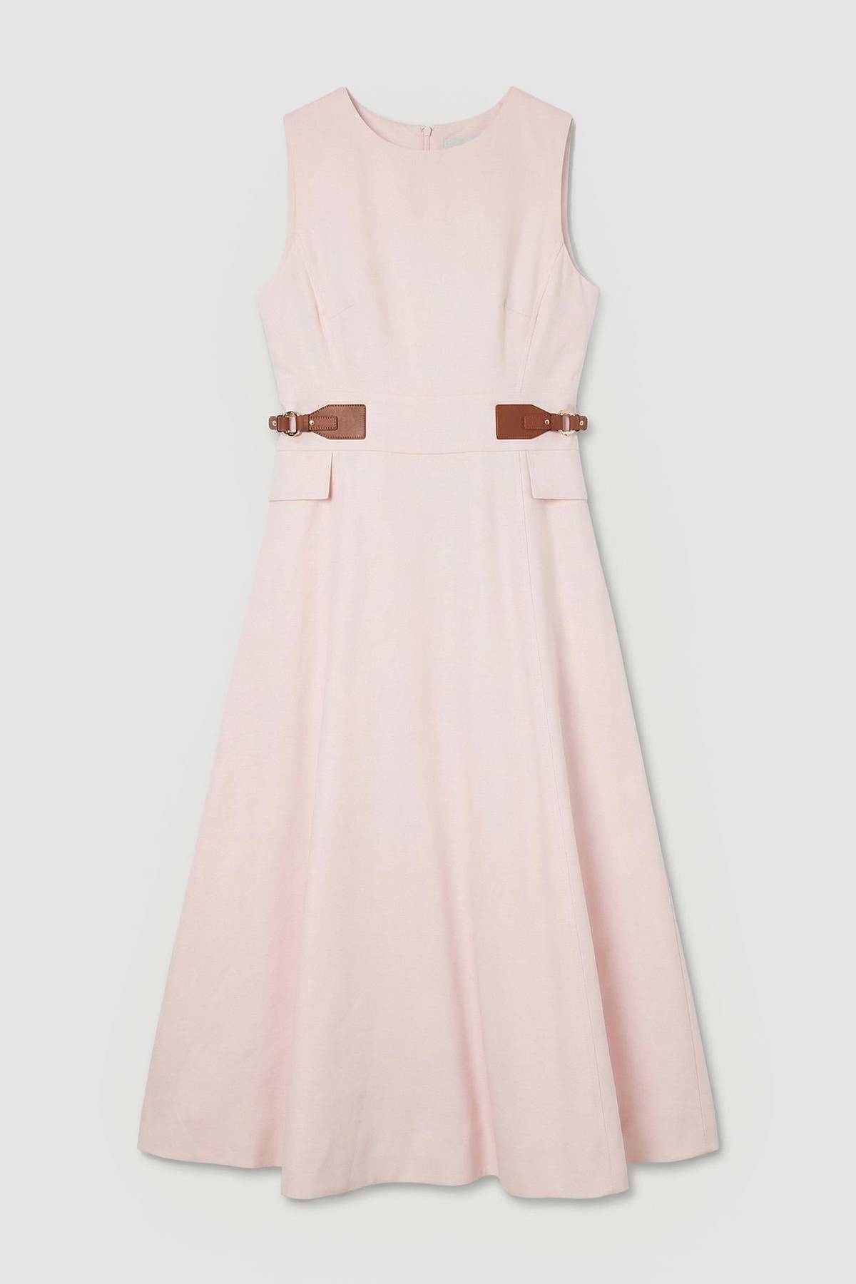 KarenMillen Robe Midi Évasée en Lin Tailleur avec Détail Patte à la Taille
