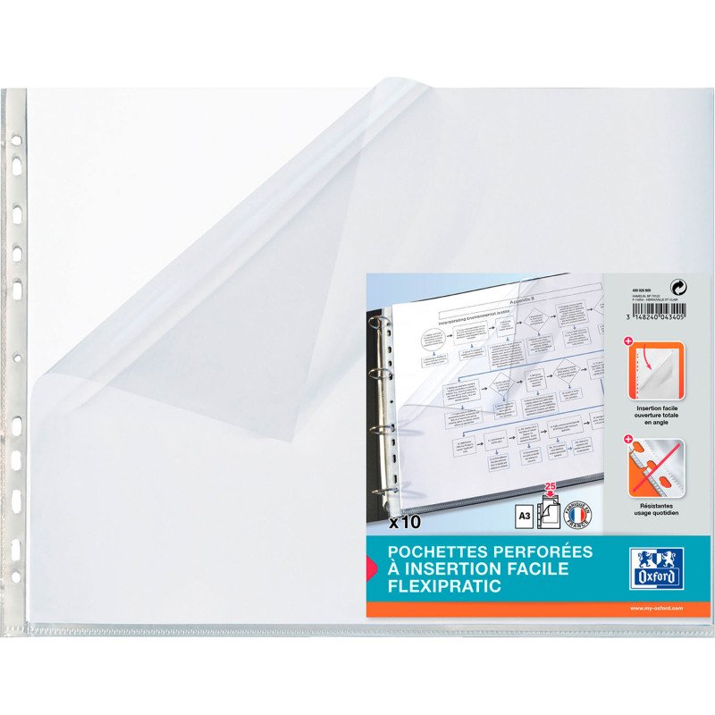 Pochettes perforées Oxford A3 polypropylène lisse 9/100e - Sachet de 10