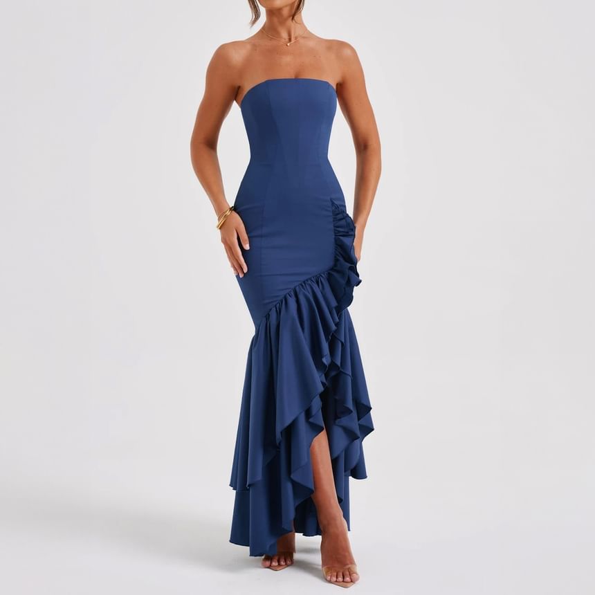 Rosesand - Strapless maxi-jurk met ruches en effen zoom