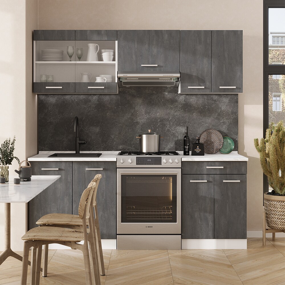 Vicco Küchenzeile R-Line 200 cm Schwarz Beton Weiß ohne Arbeitsplatte