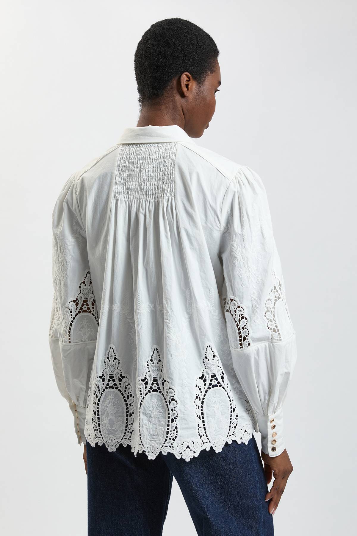 KarenMillen Chemise Tissée Petite En Coton À Manches Ballon Et Broderie Ajourée