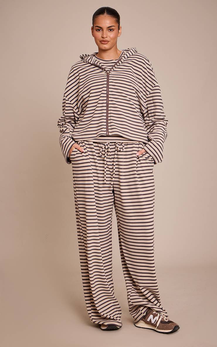 Marron Ensemble Coordonné Grande Taille Sweat À Casynthétiqueche Zippé En Polaire Douce À Rayures