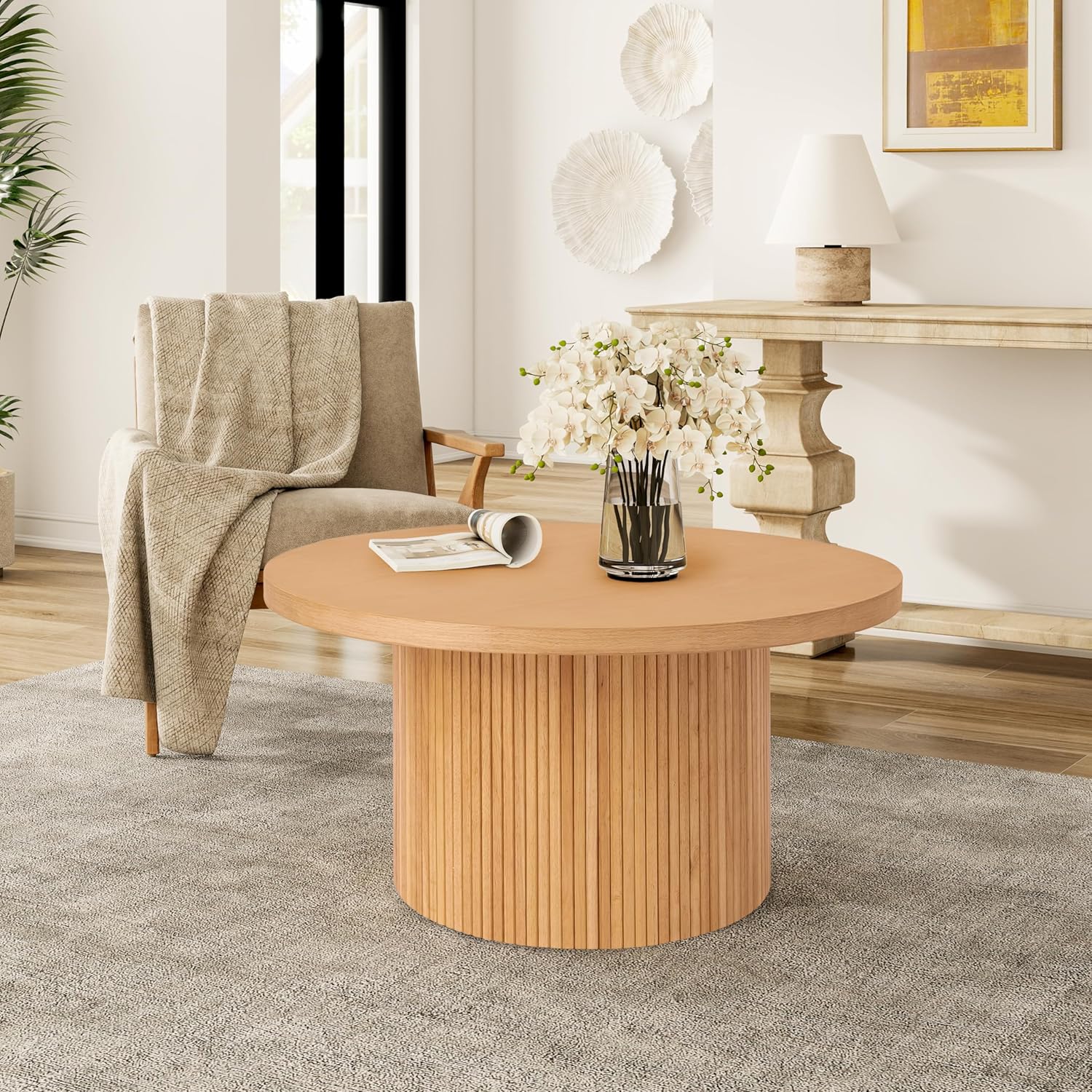 SHYFOY Rund Couchtisch Massivholz 90cm, Hochwertiger Wohnzimmertisch aus MDF & Massivholzleisten, Robuster Sofatisch in Holzoptik für den Alltag