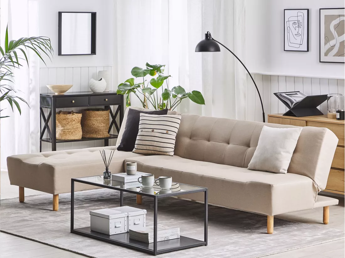 Canapé angle à gauche convertible en tissu beige 4 places ALSTEN