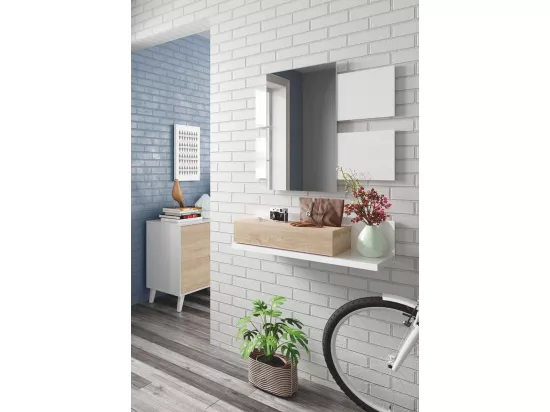 Meuble d'entrée avec miroir, coloris blanc Artik Mate / chêne canadien en mélamine - Dim : 20 x 75 x 29 cm