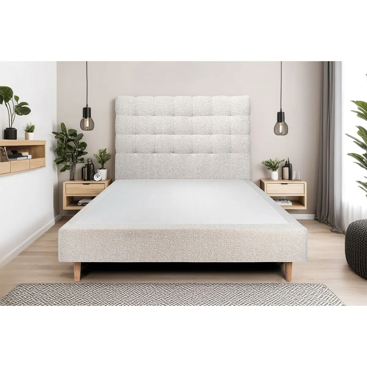 Sommeil de plomb Lit 150x200cm - Tête de lit capitonnée et sommier tapissier - Beige