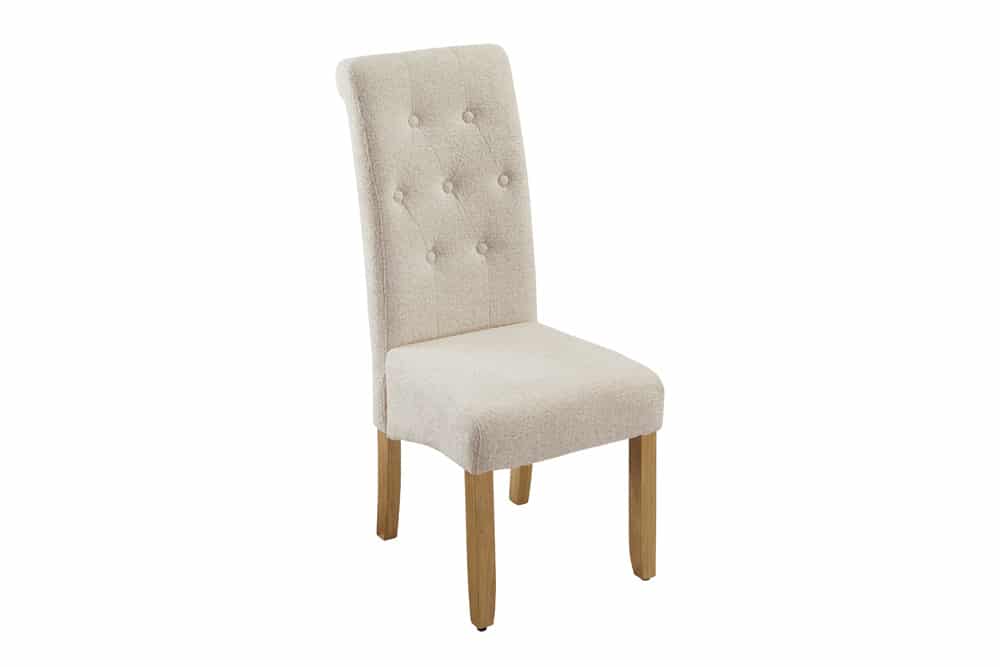 Design Stuhl CASA beige Bouclé Tweed Soft Massivholzbeine Zierknöpfe und Nackenrolle
