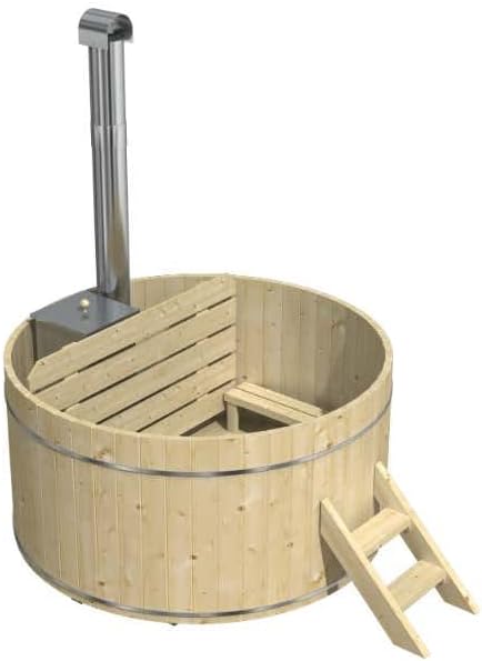 Holz Badefass Bergen, Hot Tub Ø 180 x 110 cm, inkl. Edelstahl-Ofen 22 kW und Einstiegsleiter, 5-6 Personen, Schwimmbecken, Badebottich, Sprudelbad