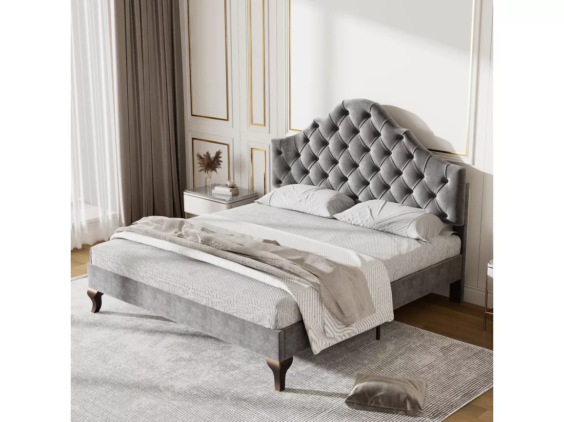 Lit avec tête de lit réglable pour adulte - 140 x 200 cm - velours - style scandinave - gris