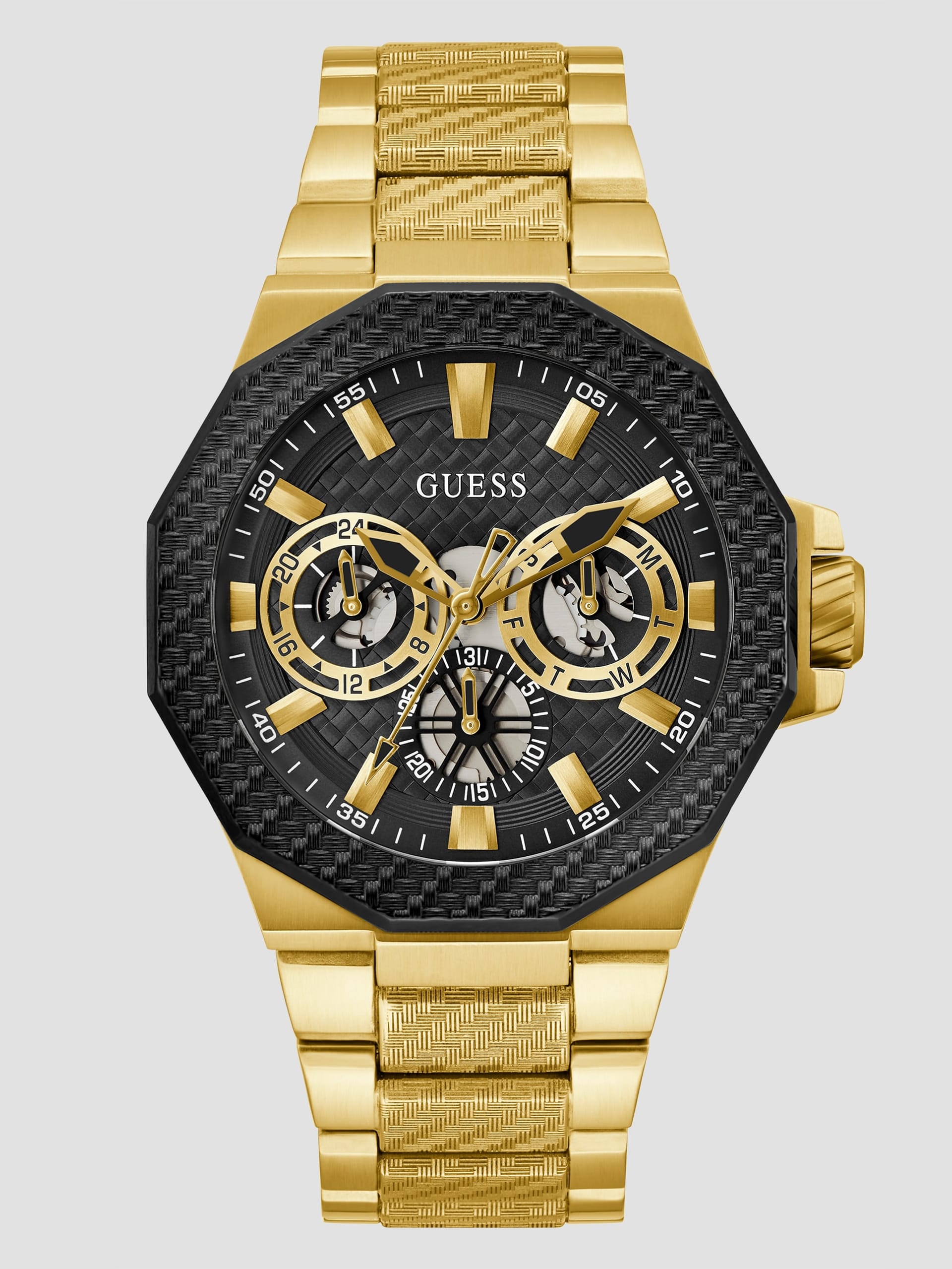 Relógio multifuncional texturizado em tons de dourado e preto