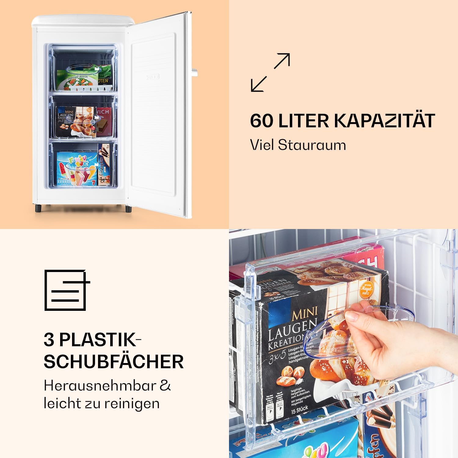 Klarstein Laika Gefrierschrank - 60 Liter Gesamtvolumen, Thermostat mit 5 Stufen, 0 bis -18 °C, 3 Einschübe, freistehend, Retro-Design, creme