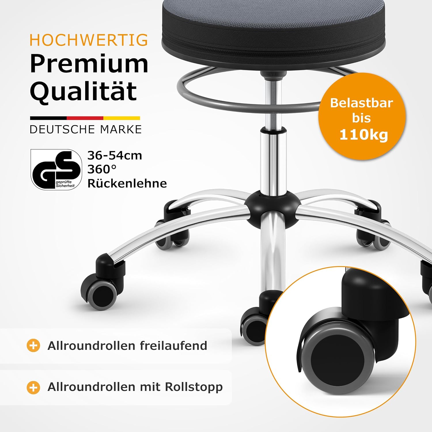 Sanus®-Gesundheitsstuhl | Rollhocker mit 360° Lehne, höhenverstellbarer Lehne, Sitzhöhe (42-51 cm), Stoffbezug rot/schwarz, Rollstopp-Rollen. Ergonomischer Bürostuhl, Erzieherstuhl