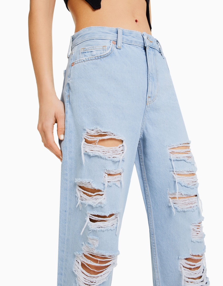 Calça jeans cropped reta rasgada