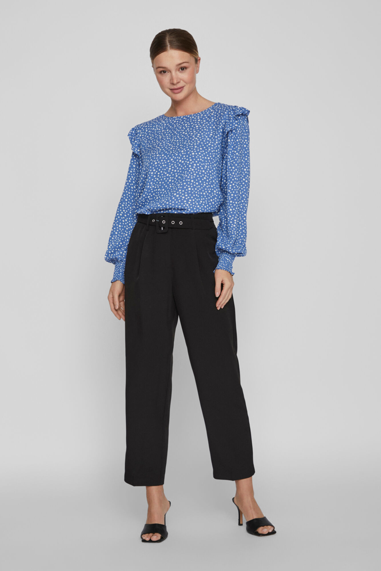 Blusa de manga comprida com detalhe de babado - Azul