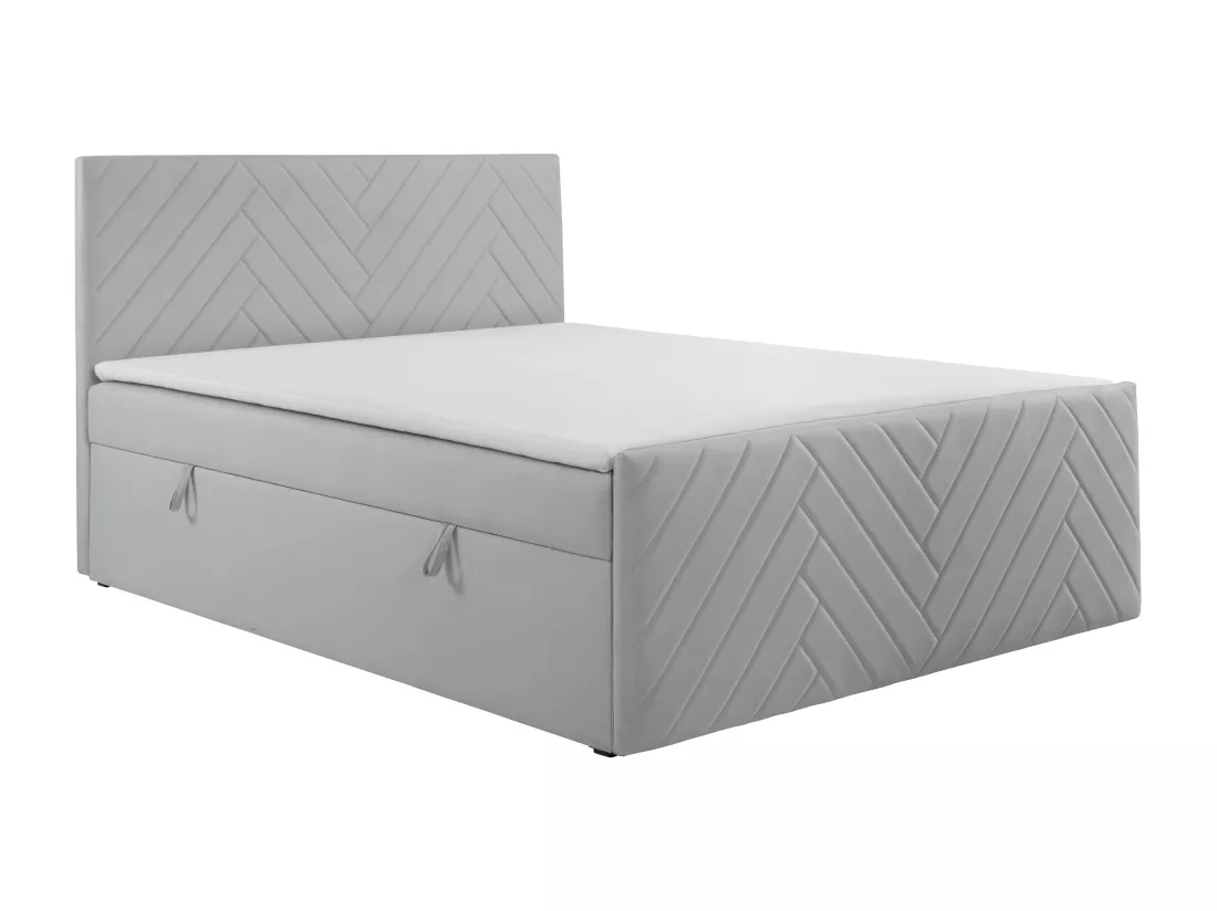 Ensemble complet literie déco tête de lit + sommiers coffre + matelas + surmatelas - 160 x 200 cm - Velours - Gris clair - MAKANA de YSMÉE