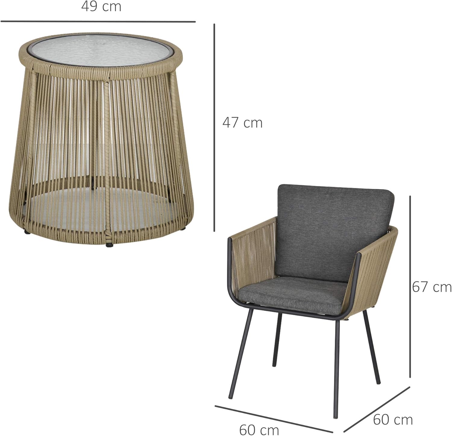 Outsunny Polyrattan Gartenmöbel Set, Outdoor Balkonmöbel für 2 Personen, 3-teilig Gartenmöbel mit 2 Stühle, Tisch Sitzkissen, wetterfest Sitzgruppe für Garten, Terrasse Balkon, Grau