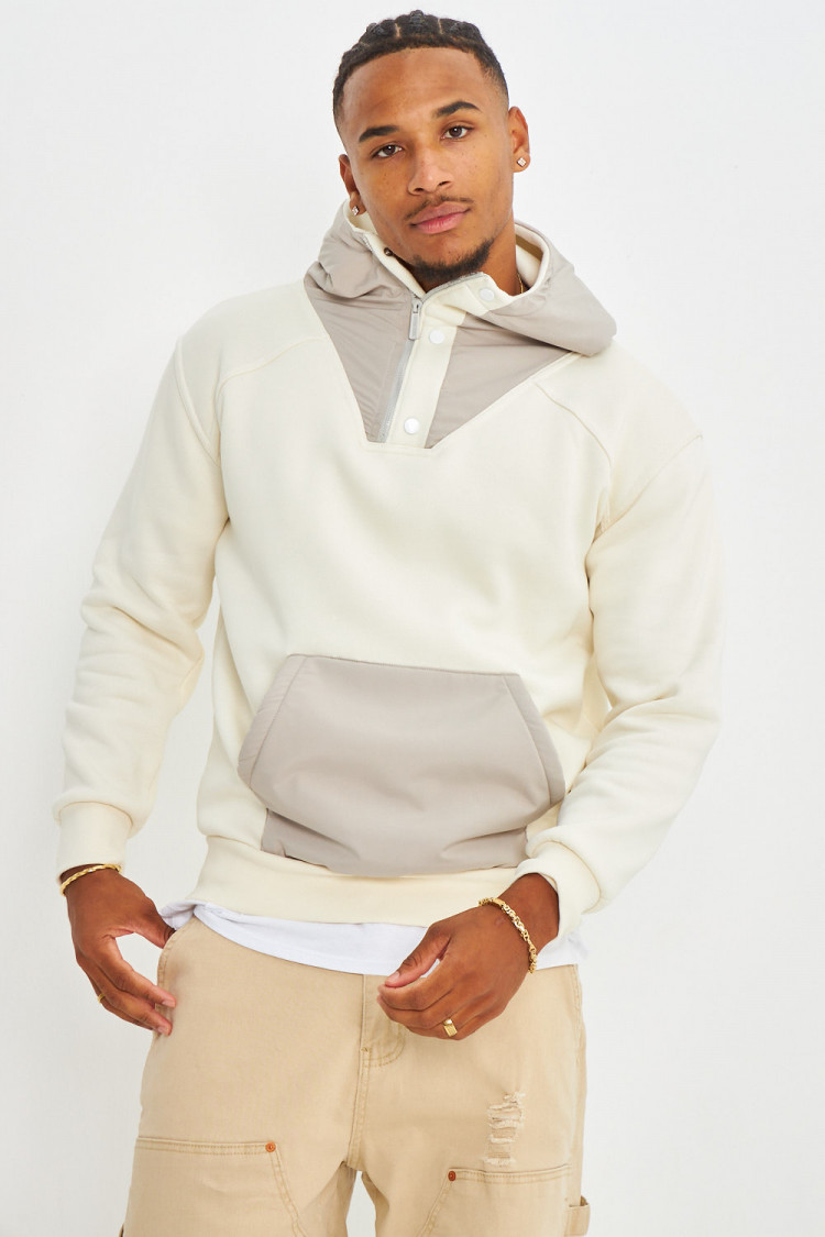 Sweat bicolor beige et gris à capuche
