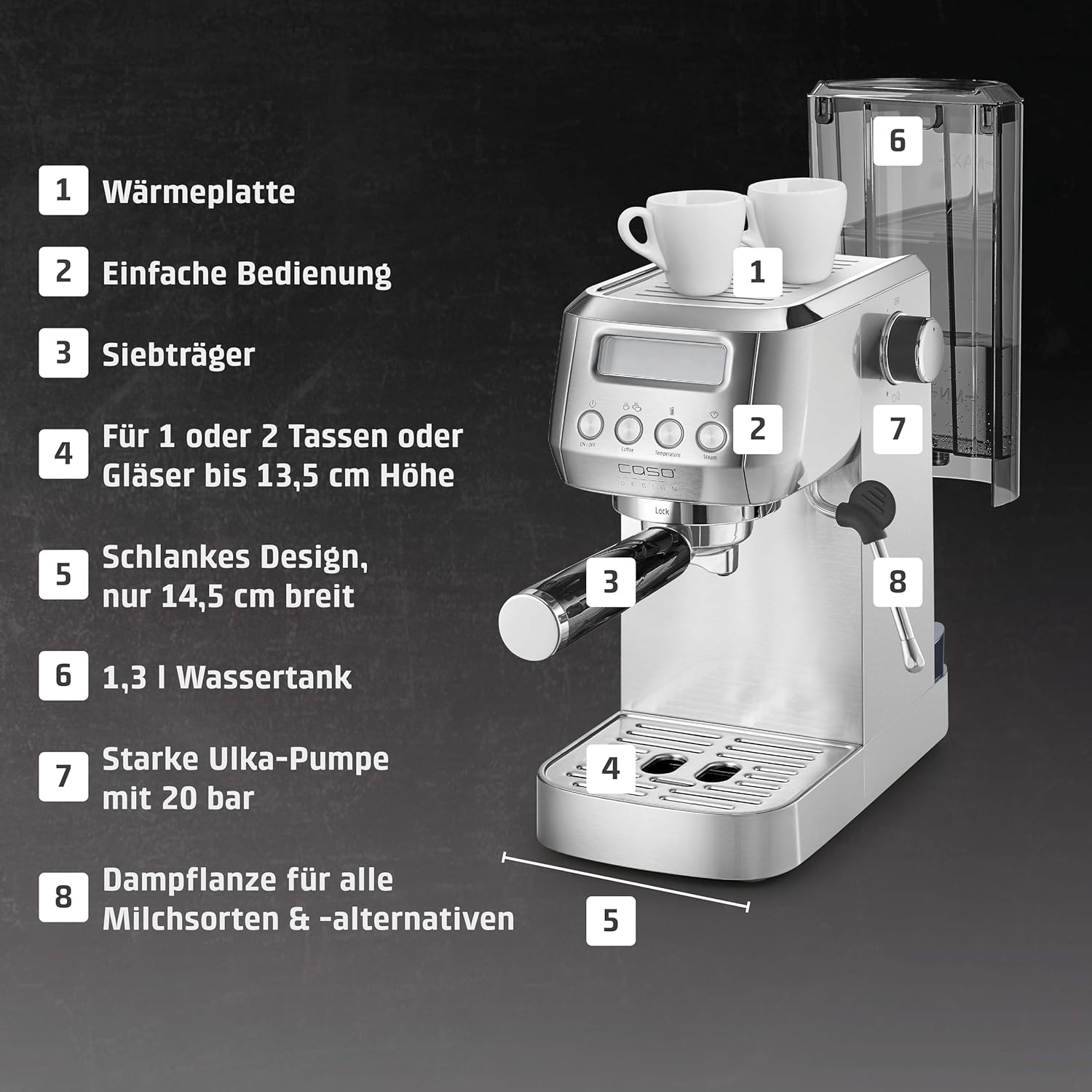 CASO EspressoGourmet Crema - Siebträgermaschine, Espressomaschine, mit Milchaufschäumer, Espresso, Cappuccino, Siebträger aus Edelstahl, 20 bar ULKA-Pumpe, Kaffeemaschine Kaffeepulver, ESE Pads