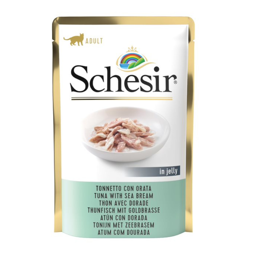 Sachê de 85g de atum e dourada Schesir para gatos adultos.