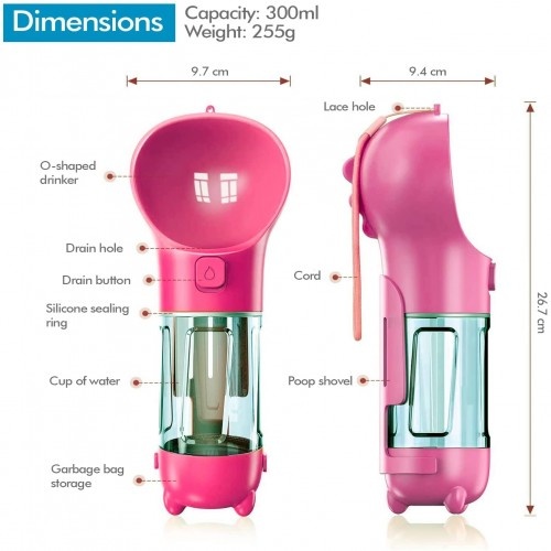 Tigela de água portátil Edipets com dispensador de sacos, rosa, para cães.