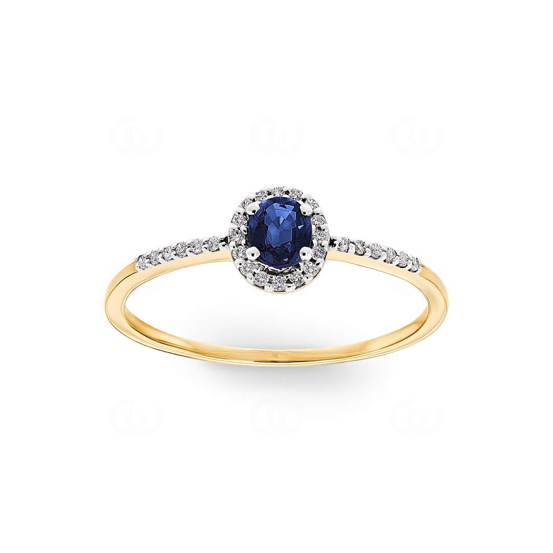 Damenring 750/18 K Gelbgold mit Saphir oval & Diamanten 0.08 ct H/si
