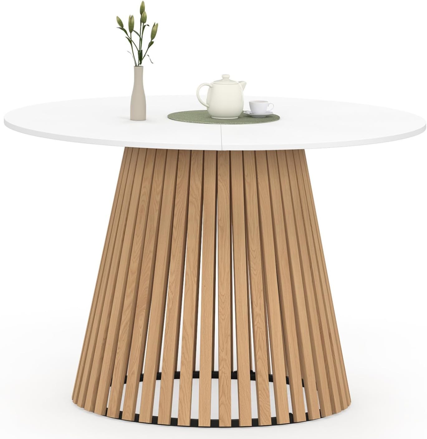 IDMarket - Runder Esstisch Carmen 6 Personen Holzfuß aus Latten und weiße Holzplatte 110 cm
