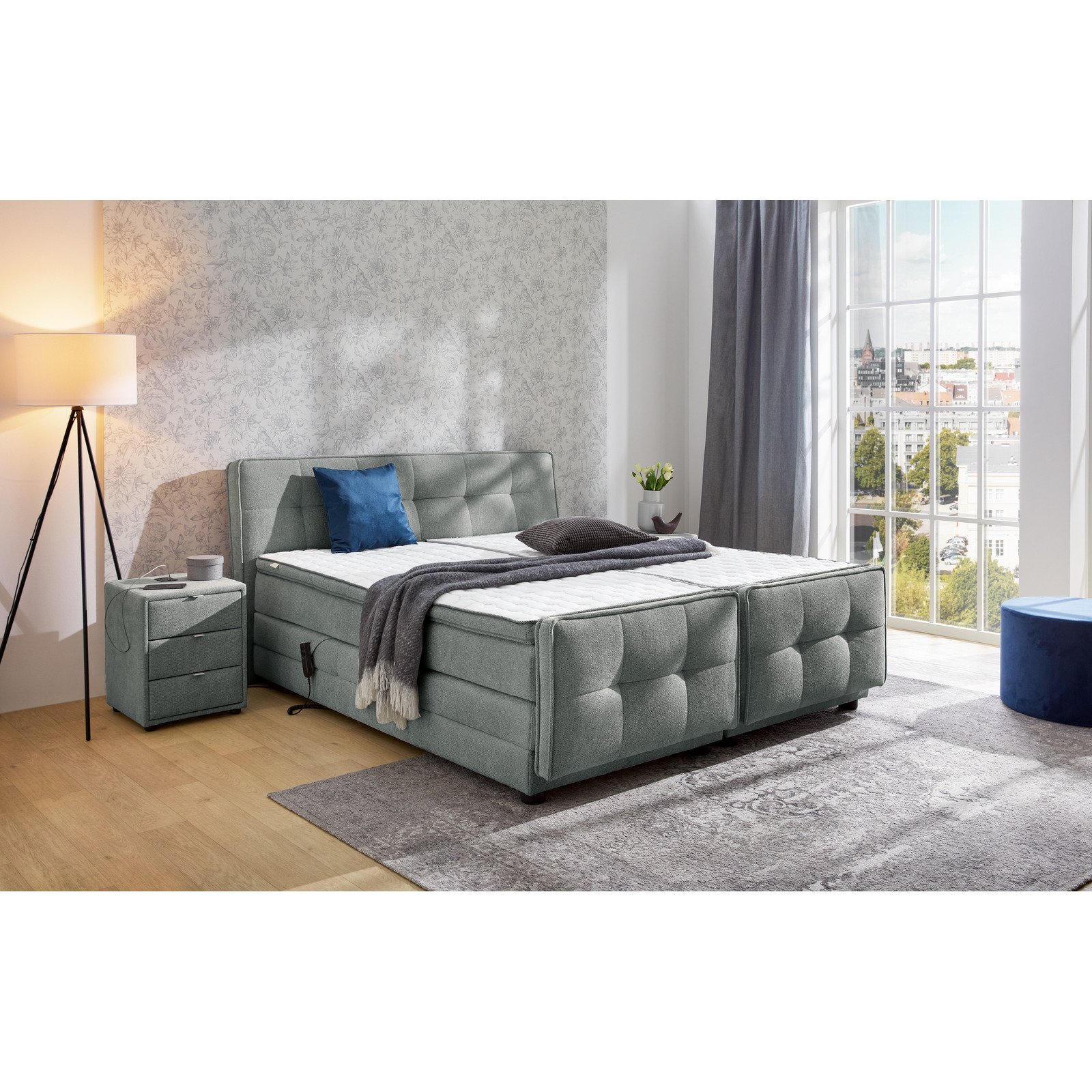 Boxspringbett Paloma Stoff 180 x 200 cm, mit verstellbarer Liegeposition per Fernbedienung