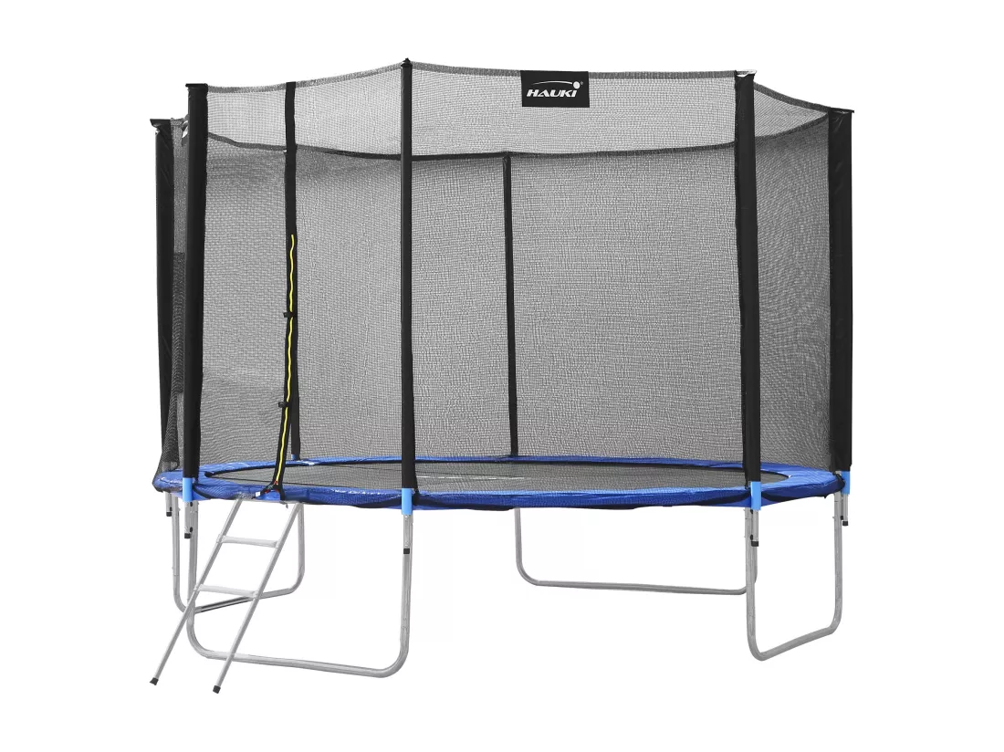 Hauki Trampoline Outdoor, Ø427 cm, bleu, certifié GS, trampoline de jardin rond pour enfants jusqu'à 150 kg, set complet avec filet de sécurité, échelle, couverture des bords, barres rembourrées, trampoline stable pour enfants