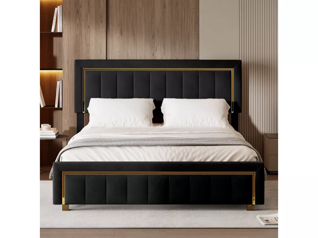 lit double rembourré 140 x 200,lit coffre avec sommier,lit adulte 140 x 200 avec levier hydraulique,velours,noir