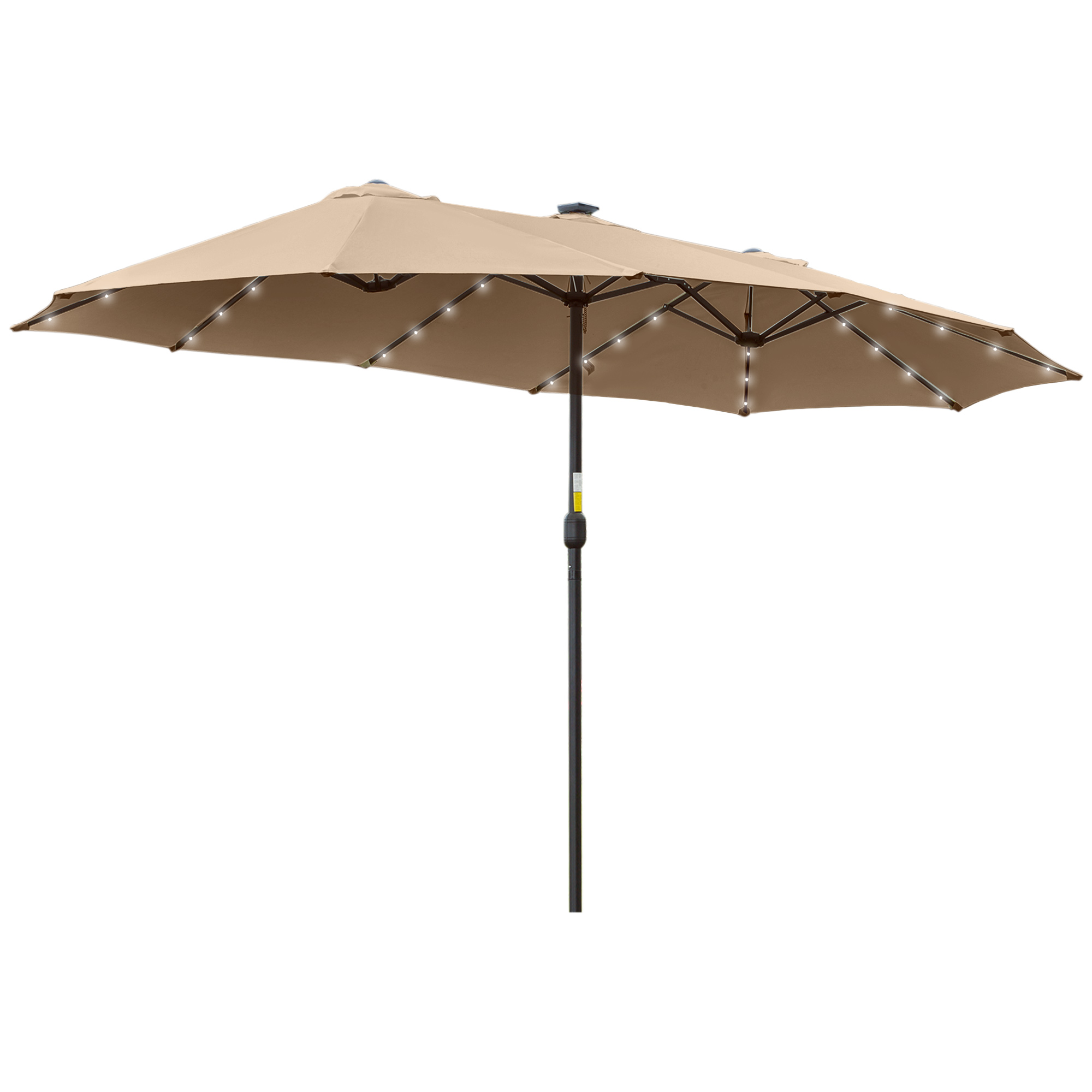 Guarda-sol duplo de jardim Outsunny com 48 luzes solares LED, 450x265x240 cm, com manivela, proteção solar para terraço, varanda e piscina, cor cáqui.