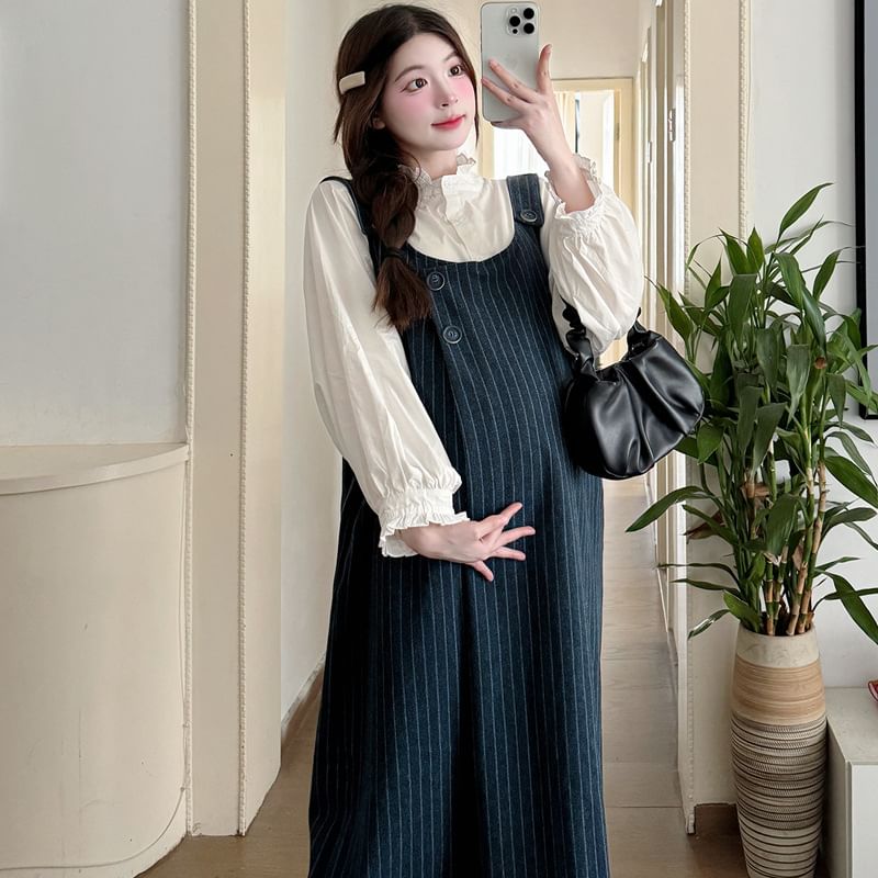 NOA - Gestreepte midi-jurk met gewassen denim en strepen / Effen blouse met ruches / Set