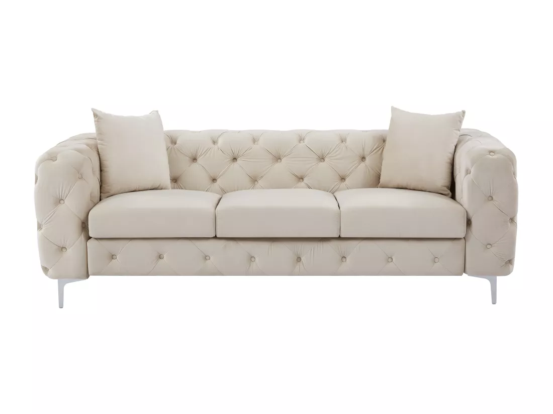Canapé 3 places chesterfield en velours beige EDWINA