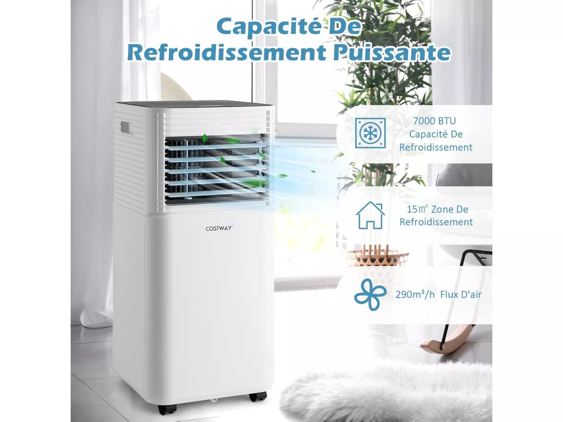 Climatiseur Mobile 4 en 1 - 7000 BTU, 15 m² 2 Vitesses Mode Veille Minuterie 24 h 2 kW [Classe Energétique A] avec Télécommande R290 (Blanc)