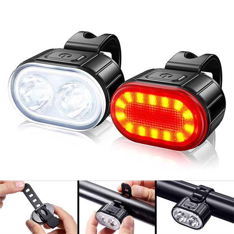 (2er Set) Wiederaufladbares USB Fahrrad Warnlicht Velo LED Front- und Rücklicht IPX4 - Schwarz