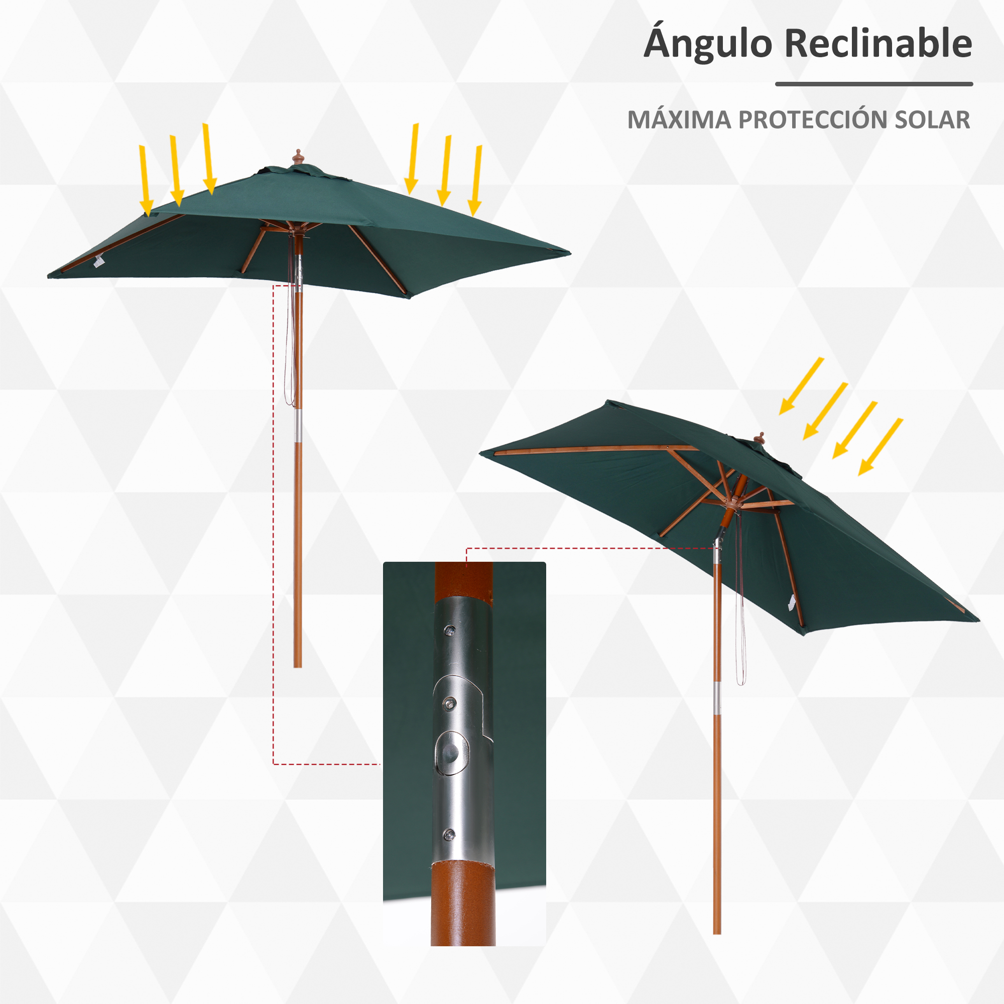 Guarda-sol de jardim Outsunny, retangular, inclinável, 200x150x235 cm, com proteção UV, impermeável e haste de madeira, ideal para praia e pátio. Cor verde.