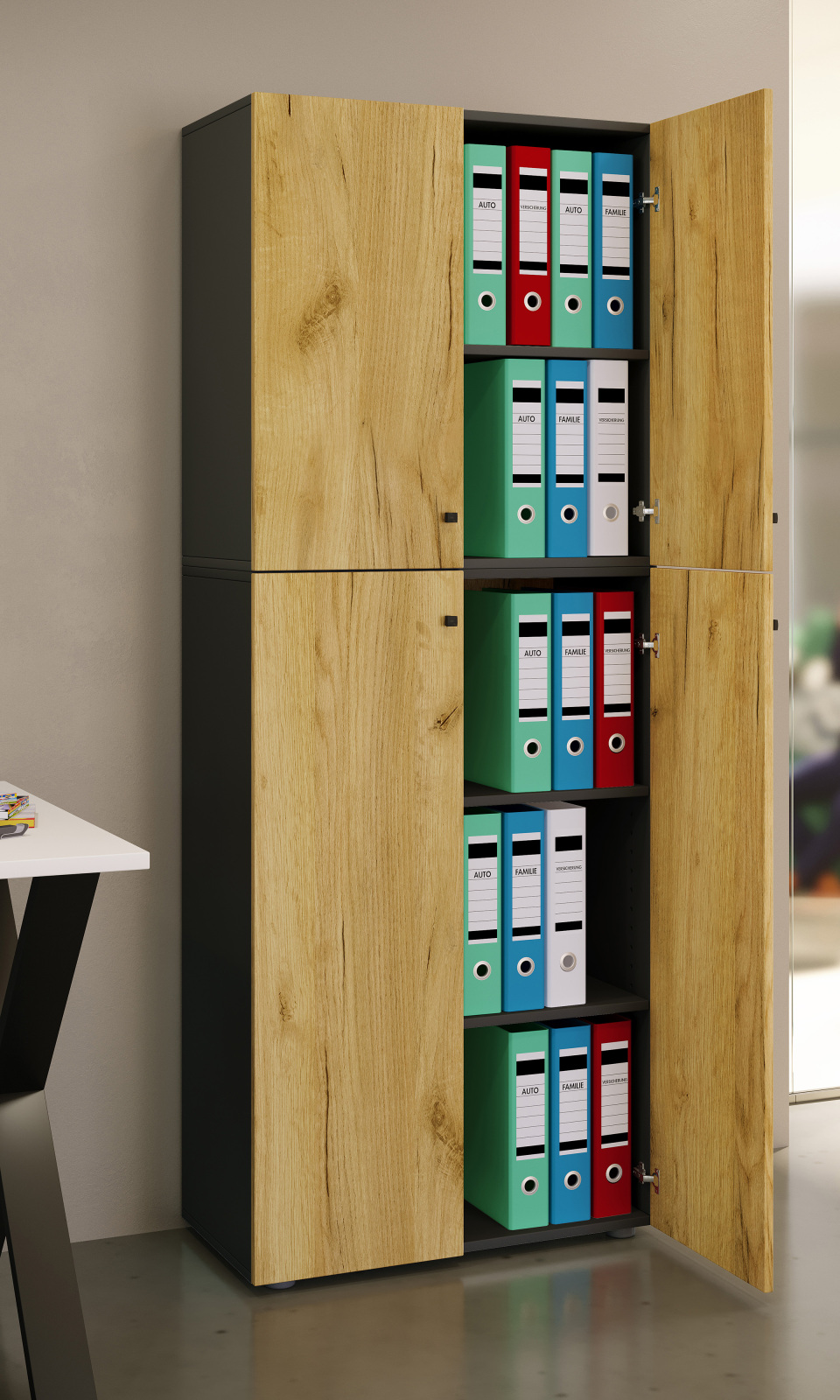 Büroschrank LONA XXL - Honig Eiche - anthrazit - mit Drehtüren - 183 cm hoch