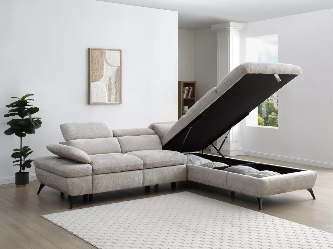 Canapé d'angle droit convertible en tissu texturé beige SURDELI