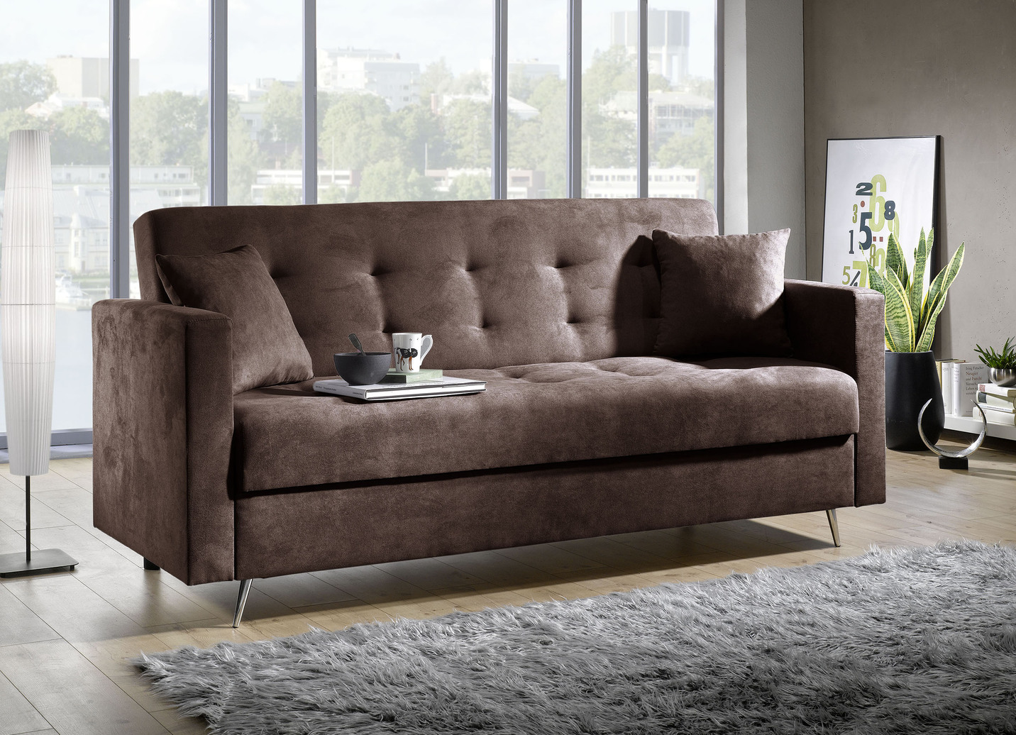 Schlafsofa auf Chromfüßen mit Bettkasten