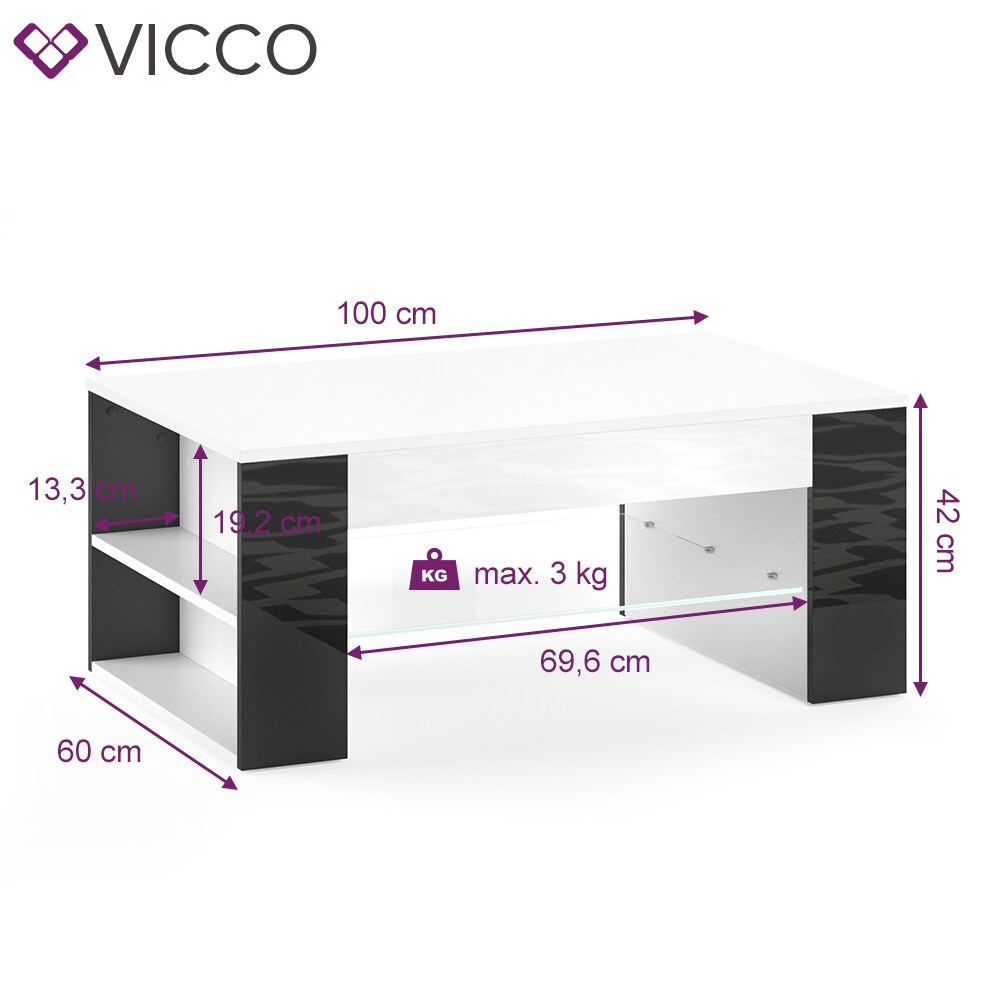 VICCO Couchtisch STELIOS in Weiß Schwarz Hochglanz - Wohnzimmer Kaffeetisch