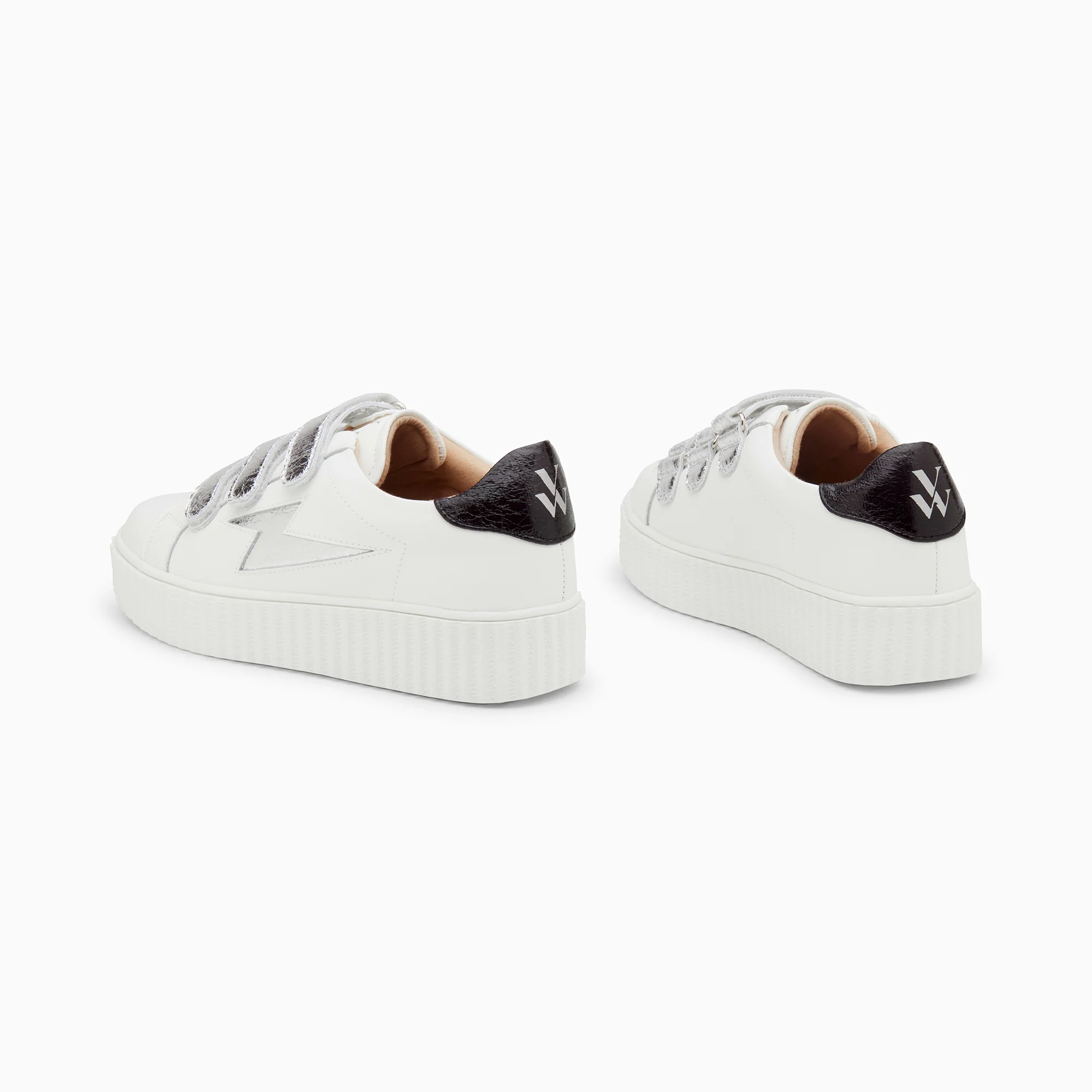 Sneakers-Baskets éclair Jane blanches en cuir à scratchs argent