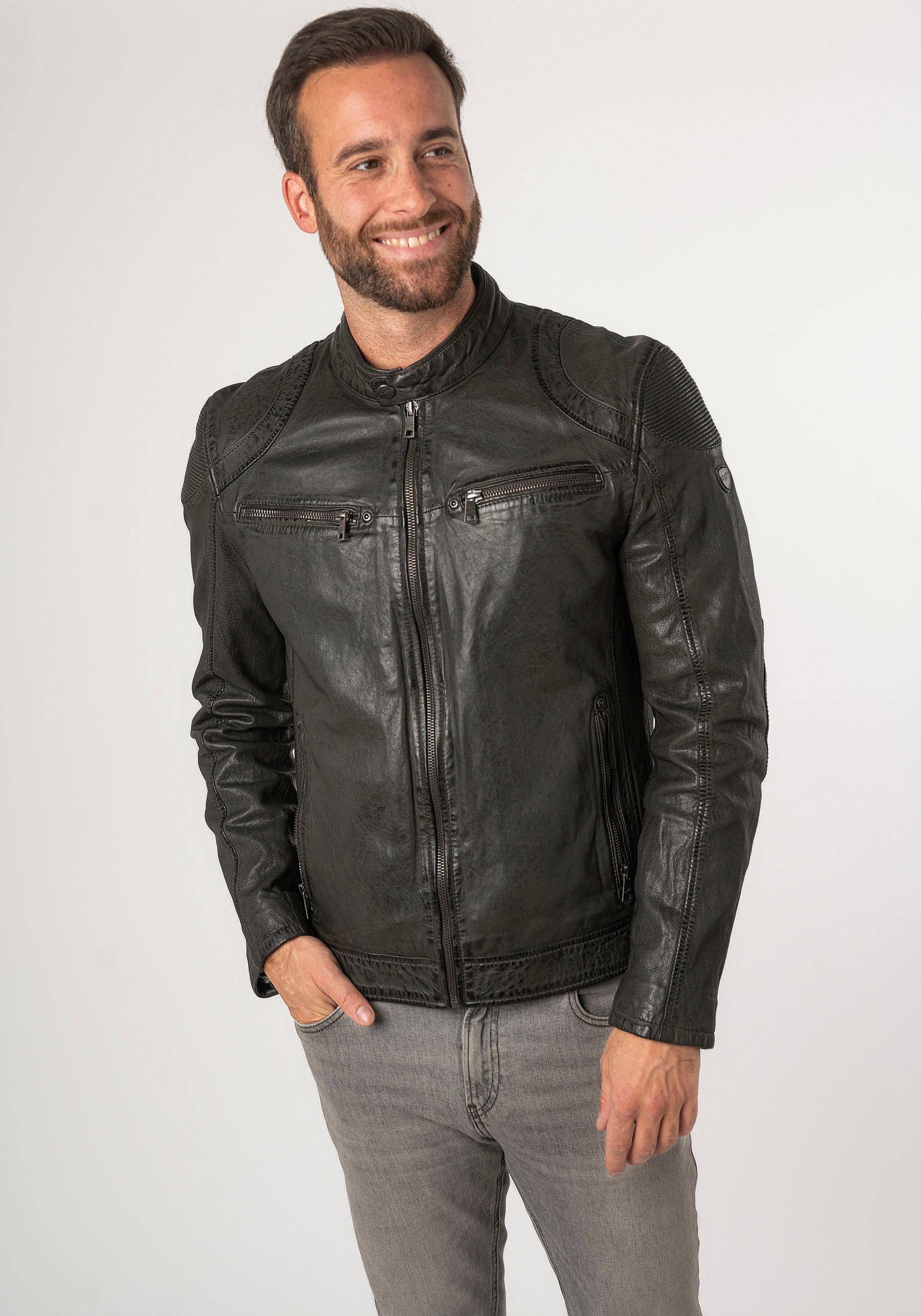 Mauritius Lederjacke »MMCollins« mti Reissverschluss, Stehkragen, Ziersteppung