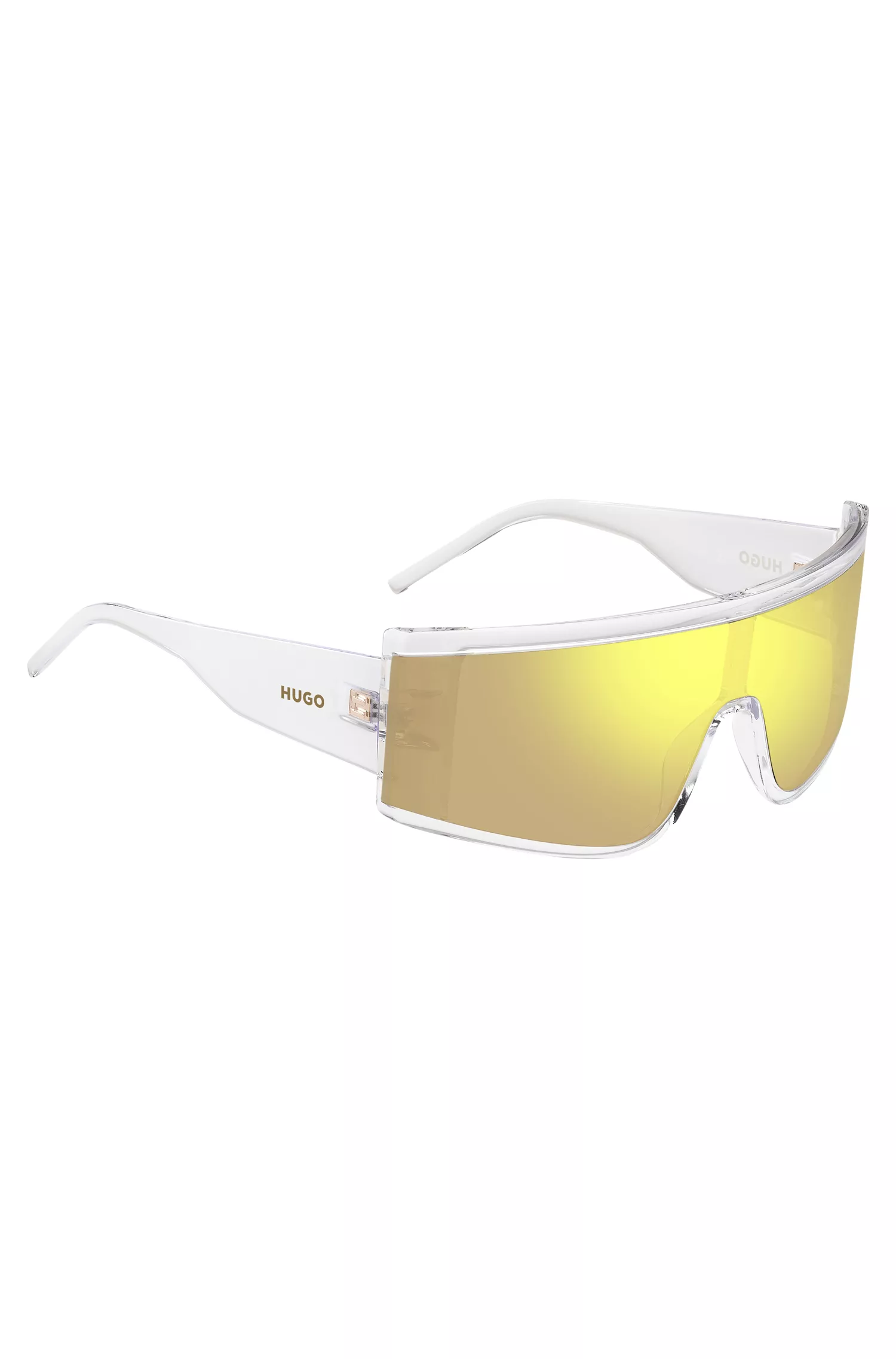 Óculos de sol HUGO em acetato vermelho e transparente com máscara amarela.