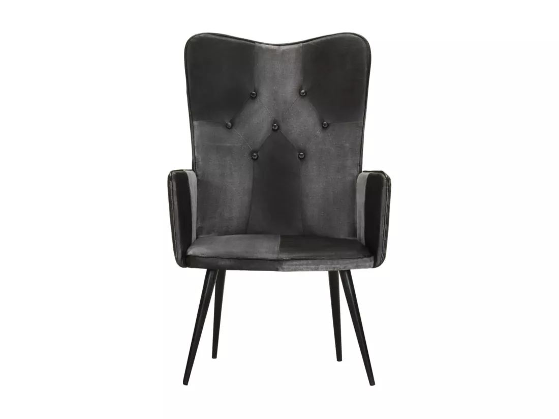 Fauteuil à oreilles Noir et gris Cuir véritable