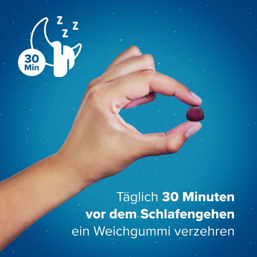 Hoggar® Melatonin Gummies: Angenehm schneller einschlafen. Weichgummis mit Blaubeergeschmack.1 mg Melatonin, Vitamin B6, Baldrian-, Lavendel- und Kamillenextrakt.