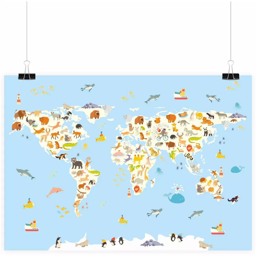 Nikima Poster Kinder Lernposter Weltkarte Tiere - in 3 Größen bunt
