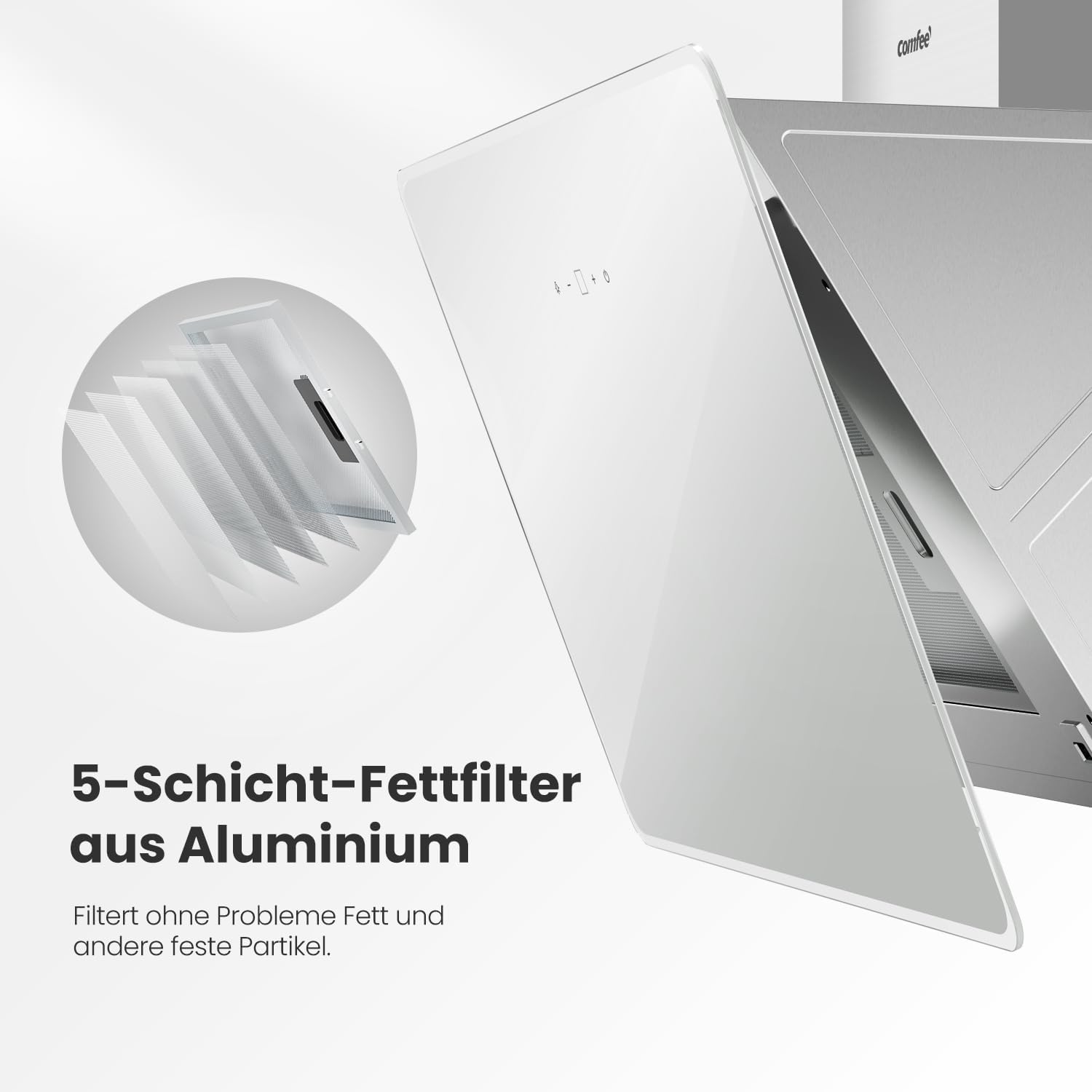 A+ Dunstabzugshaube 60cm CHK 3.6J64A1W Wandhaube aus gehärtetem Glas und Edelstahl mit Touchscreen, LED und Umluft- und Kanalsystem Wandmontierte Dunstabzugshaube, Weiß