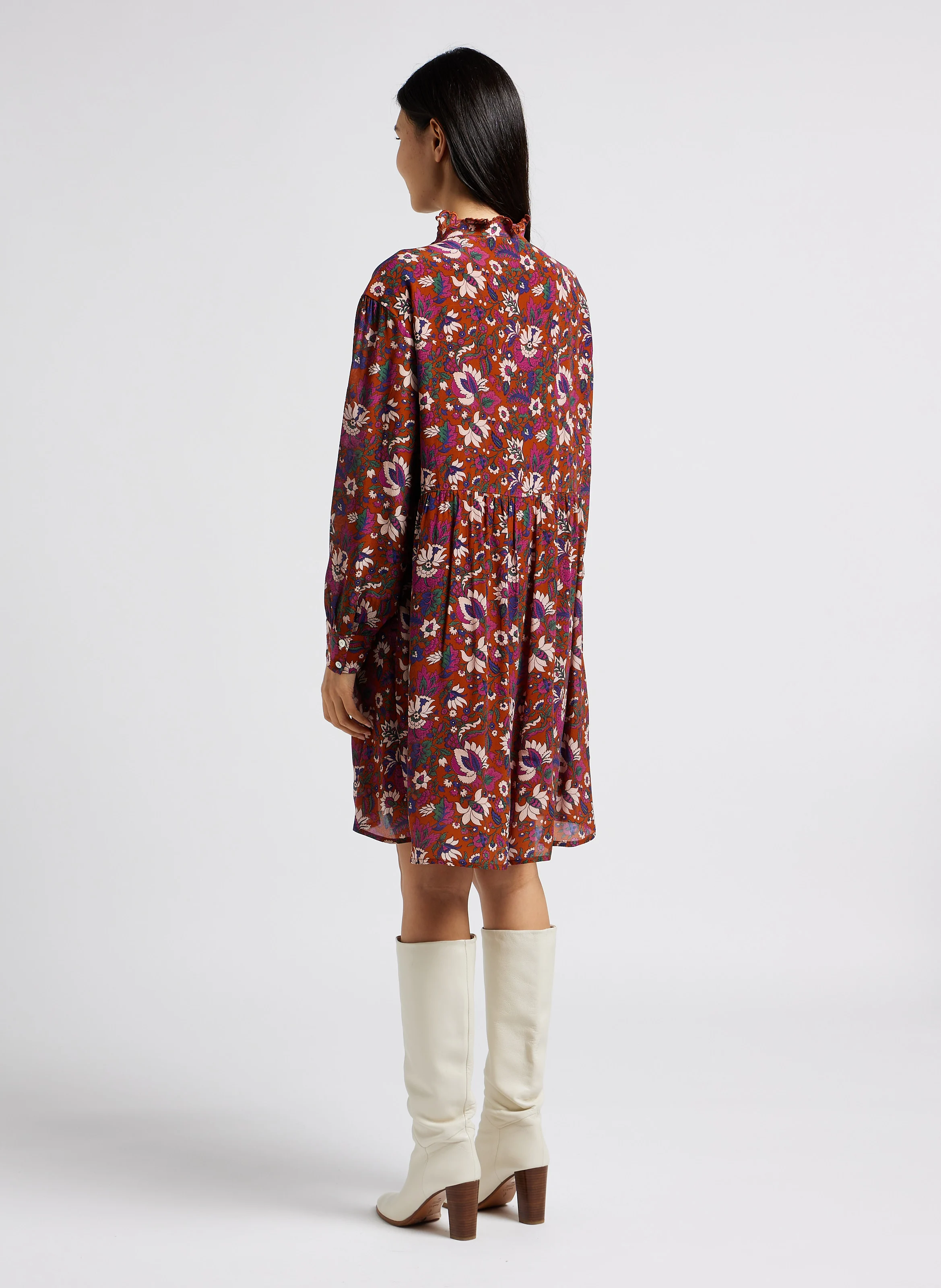 WARA - Robe courte col mao à imprimé floral | Orange