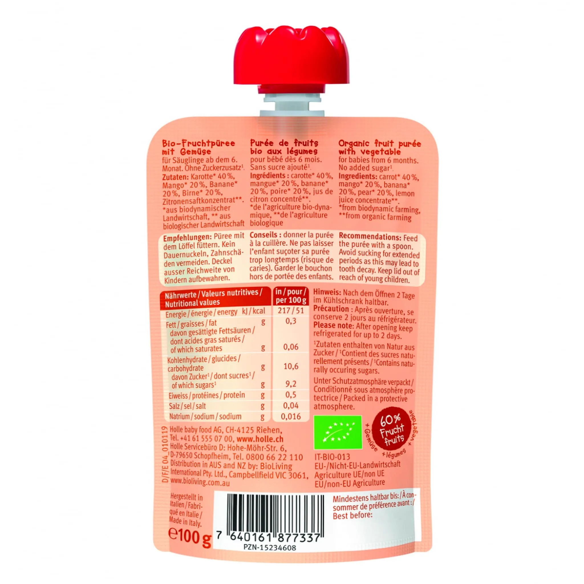 Holle Purée Bio - Carrot Cat - Carotte, Mangue, Banane et Poire (À partir de 6 mois)