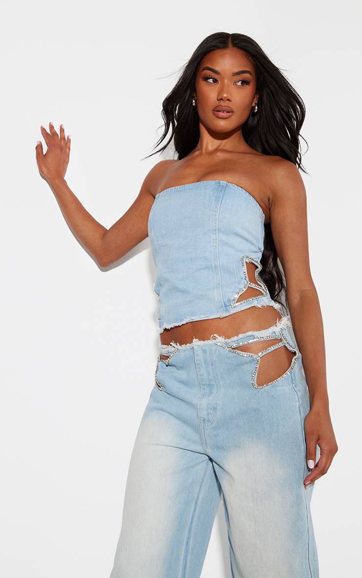 Light Blue Wash Top Corset En Jean Détail Strass Taille Effilochée