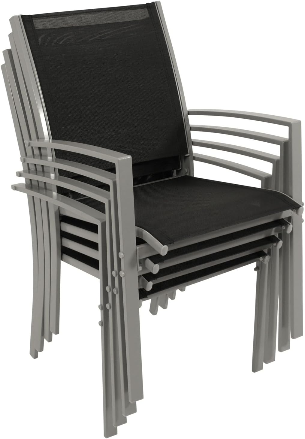 DEGAMO Gartengarnitur Pino 5-teilig, 4X Stapelsessel mit Stahlgestell und Kunstgewebebespannung 2 * 1 schwarz, 1x Tisch 70x120cm mit Stahlgestell und Glasplatte